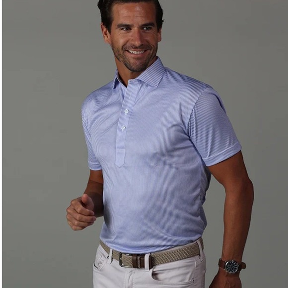 Collars & Co Mens Polo Blue White Striped Short Sleeve Semi Spread Collar 2XL - Picture 12 of 12